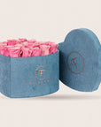 Passion XL com rosas cor-de-rosa em caixa de veludo azul | The Florist Portugal