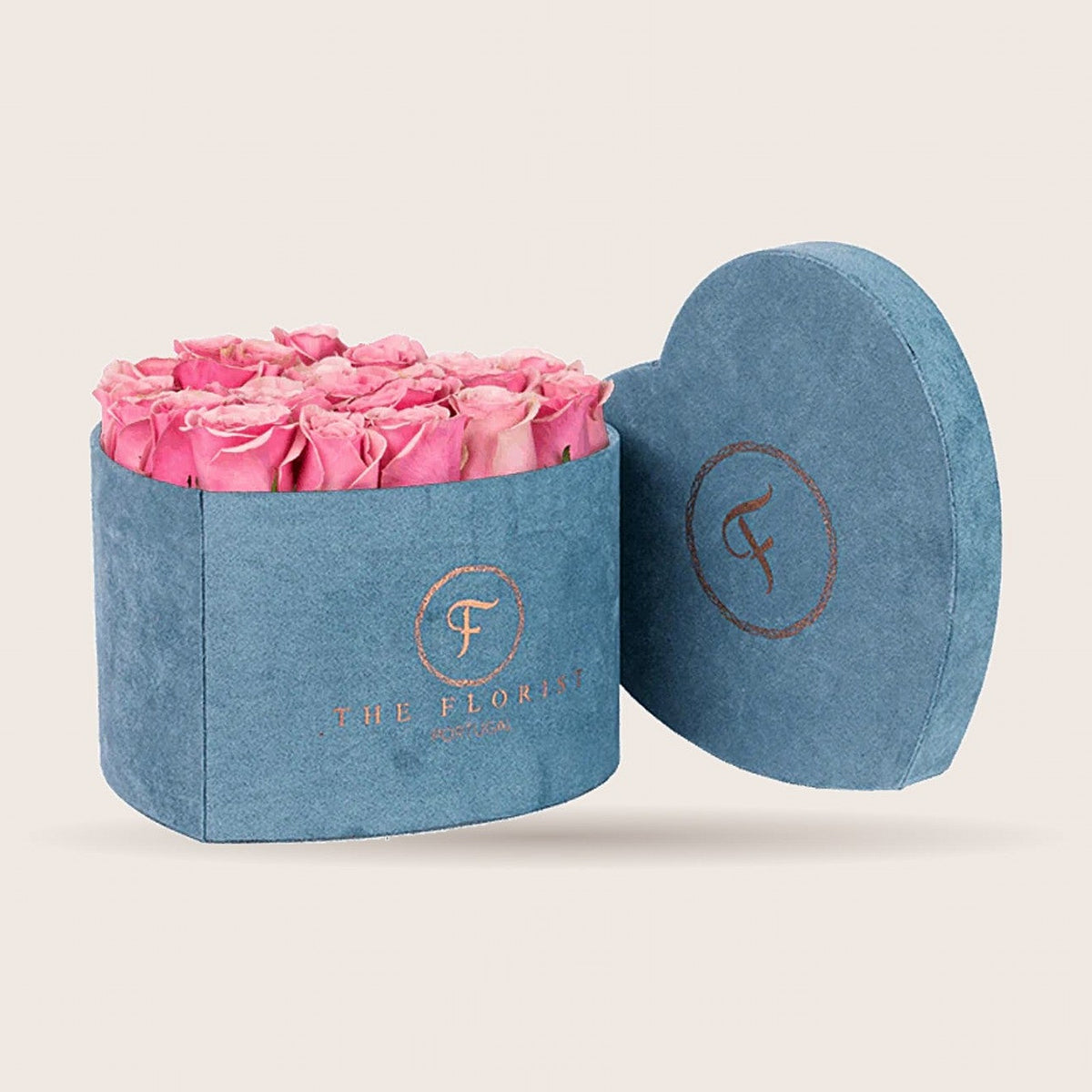 Passion XL com rosas cor-de-rosa em caixa de veludo azul | The Florist Portugal