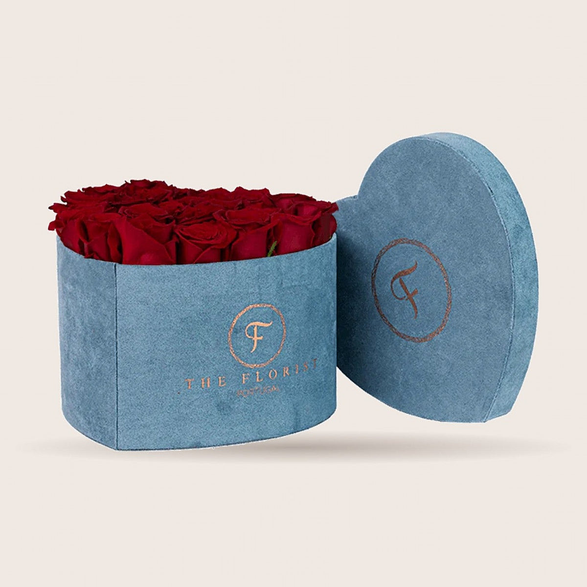 Passion XL com rosas vermelhas em caixa de veludo azul | The Florist Portugal